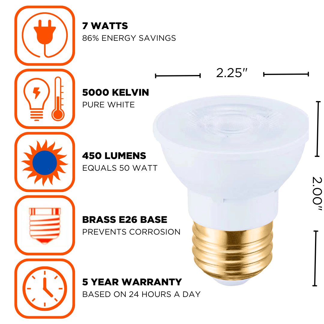 Brass E26 Base light bulb with 7 watts of energy with 450 lumens, at 5000 kelvin temperature