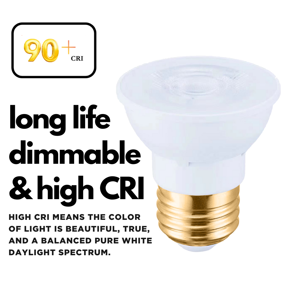 GoodBulb PAR16 LED light bulbs with a clean white 5000K spectrum and can last for 25,000 hours and is dimmable with a high CRI.