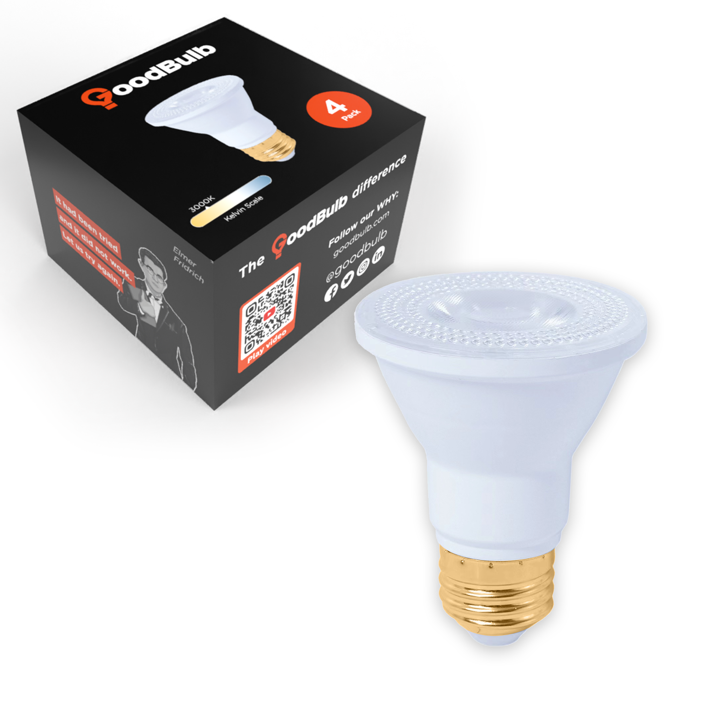 PAR20 LED light bulb with box. Emits a warm, comfortable spectrum of light. Can last 25,000 Hours and is dimmable.