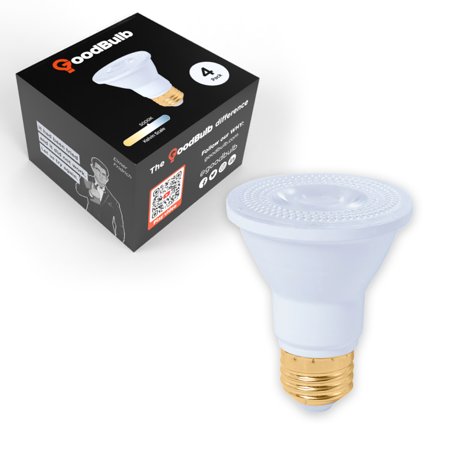 PAR20 LED light bulb with box. Illuminating a warm, comfortable spectrum of light. Can last 25,000 Hours and is dimmable.
