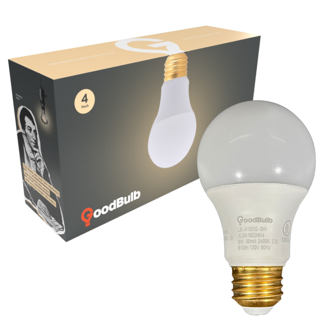 Dimmable frost A19 LED light bulbs with amazing illumination and showing box in background.