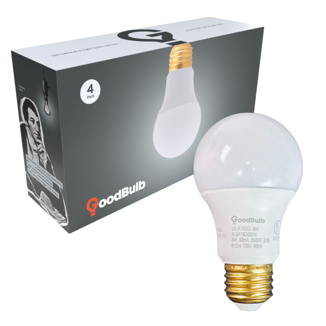 Dimmable frost A19 Light bulbs with platinum white light illumination with box showing in the background.