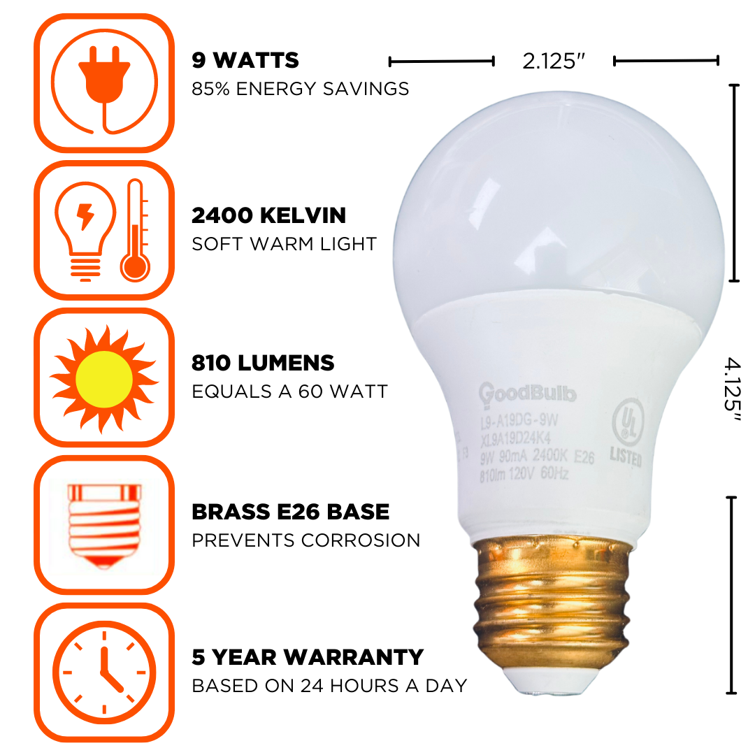Dimmable frost A19 Light bulbs with platinum white light illumination. Has a brass E26 base.
