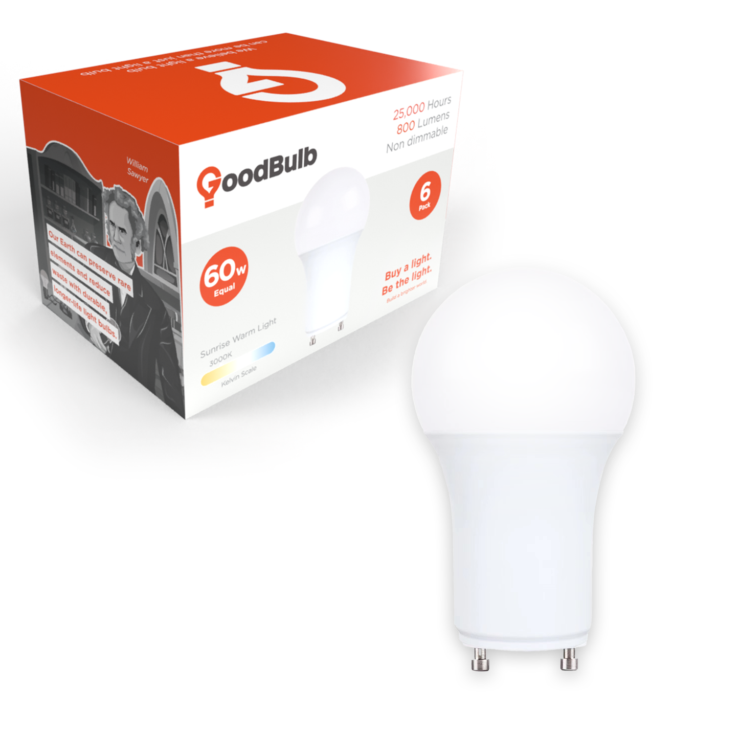 GoodBulb 9 watt GU24 LED A19 Rough service long-life LEDs. 3000K is a warm, comfortable spectrum of light with box in background.