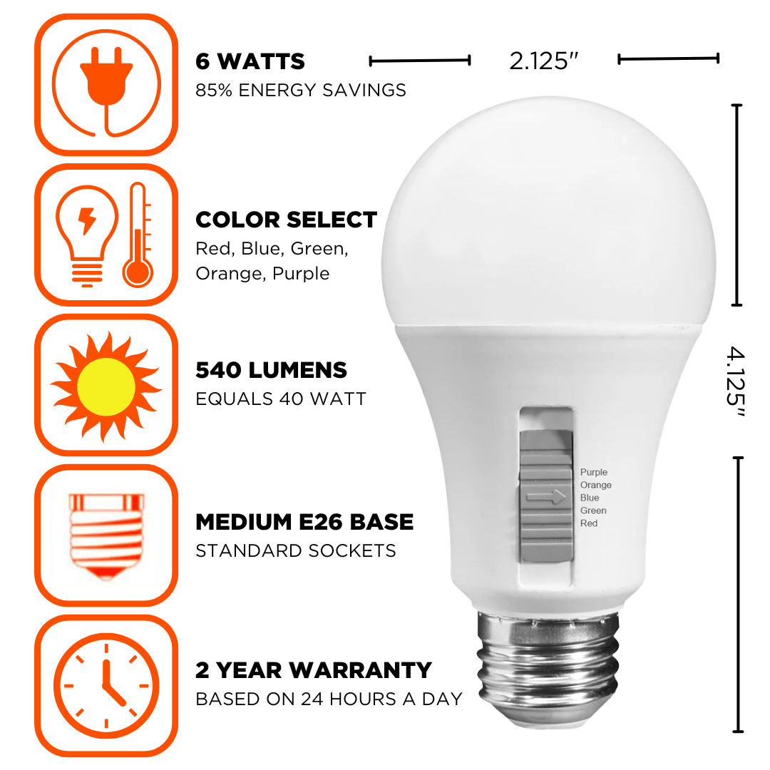 40 Watt EQUAL - 6 WATT A19 LED - E26 BASE - OPEN & ENCLOSED RATED - COLOR SELECT - Purple - Orange - Blue - Green - Red