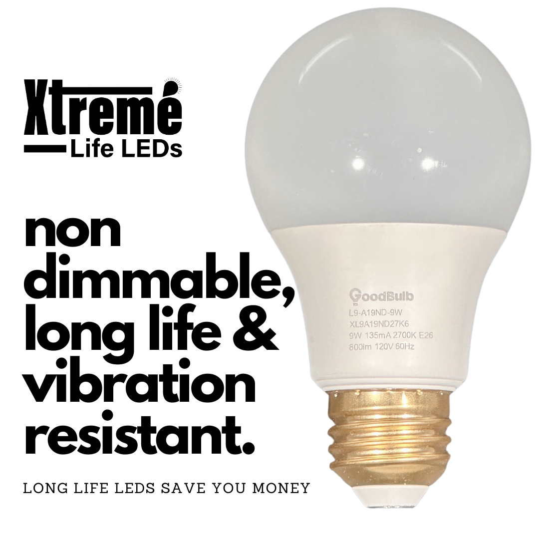60 watt equal extreme life rough service LED A19 with incandescent illumination. Non-dimmable, long life, vibration resistant.