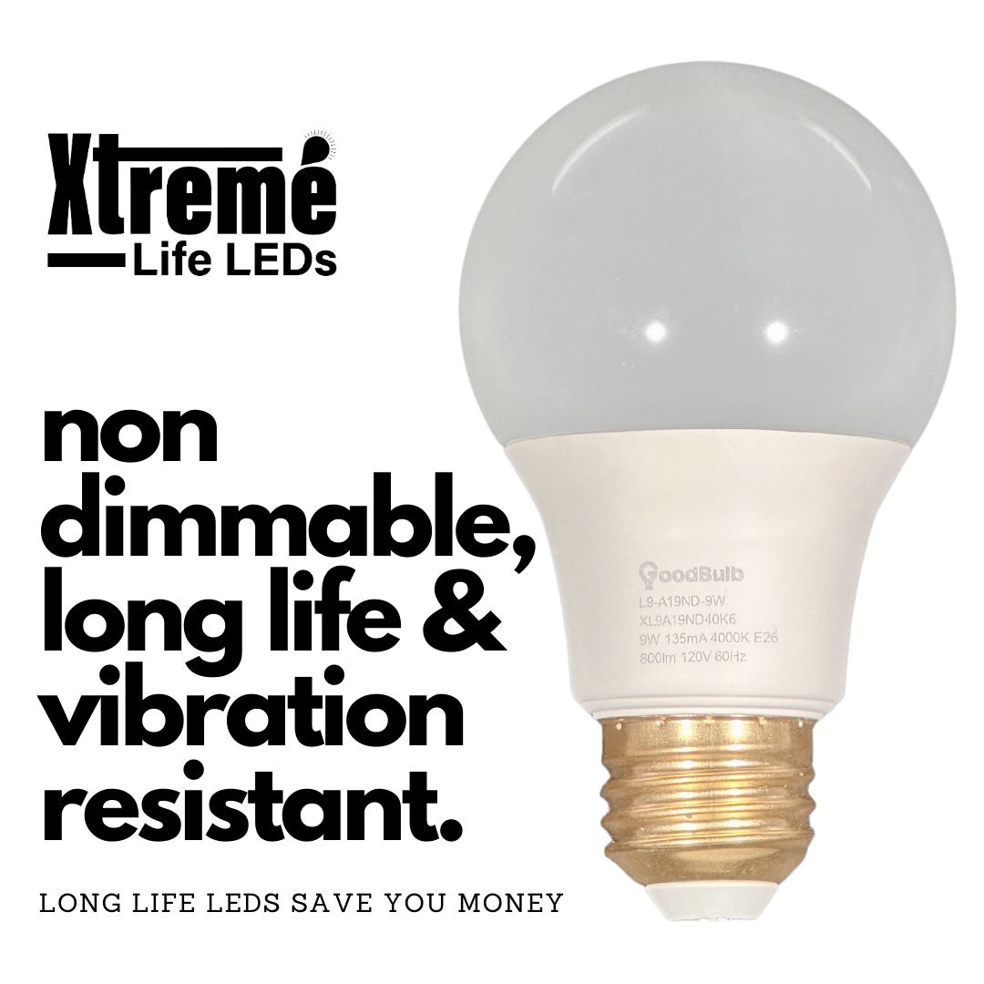 Vibrant cool white, not dimmable extreme life rough service LED A19. Long life and vibration resistant. 