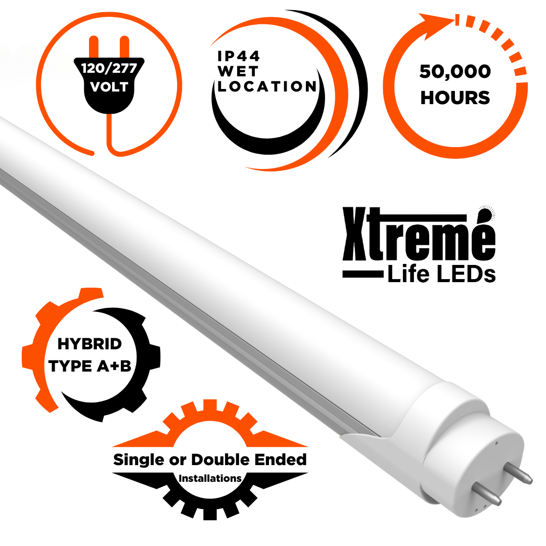 Platinum white light with 1320 lumens 9 watt non dimmable LED T8. IP44 rated, 50,000 hours, double or single ended installation.