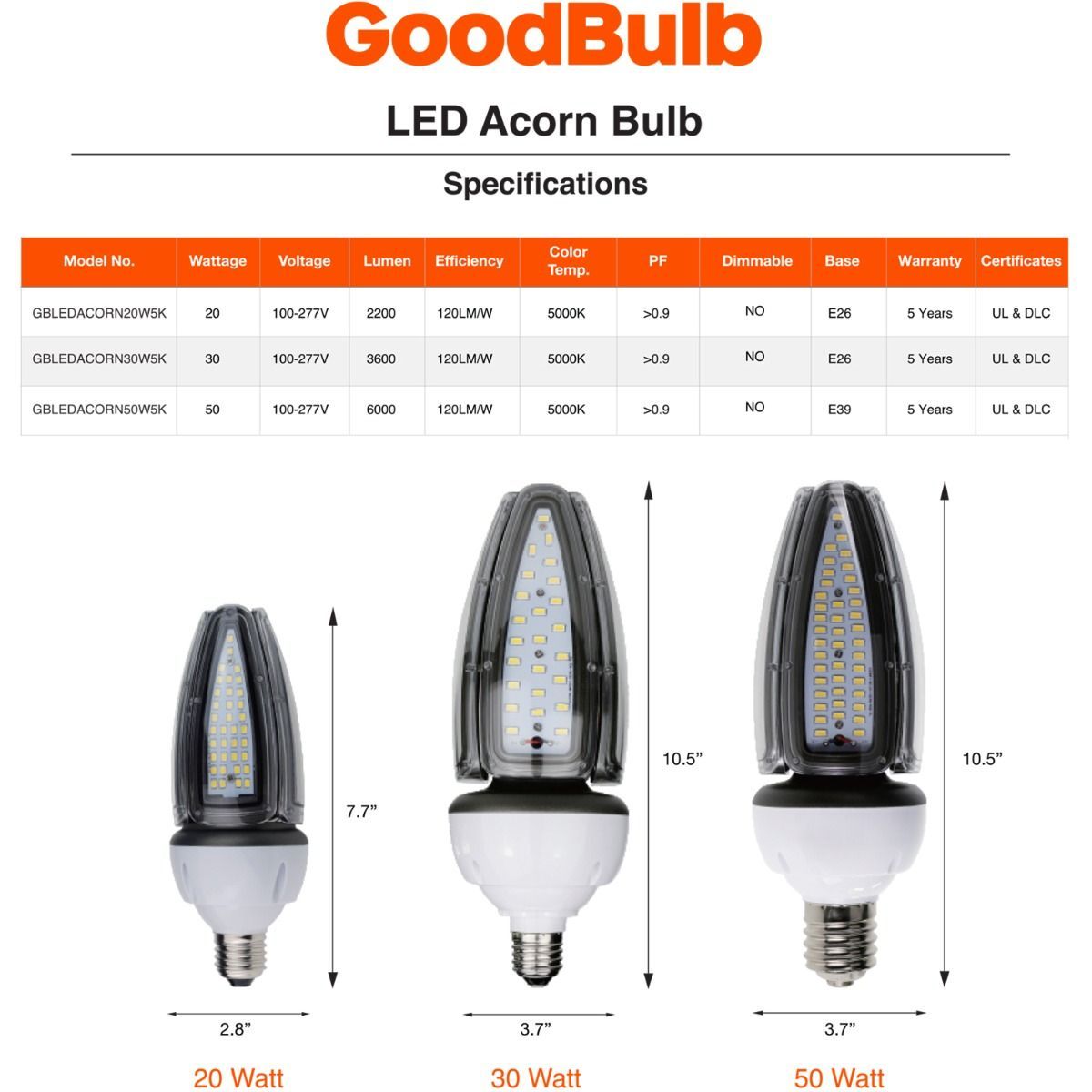 LED Acorn bulbs specification for either 20 watt, 30 watt, and 50 watt.