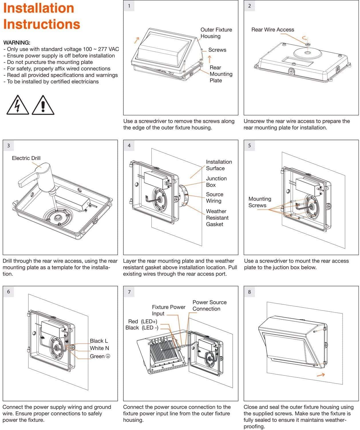 Installation instructions for LED wall packs.