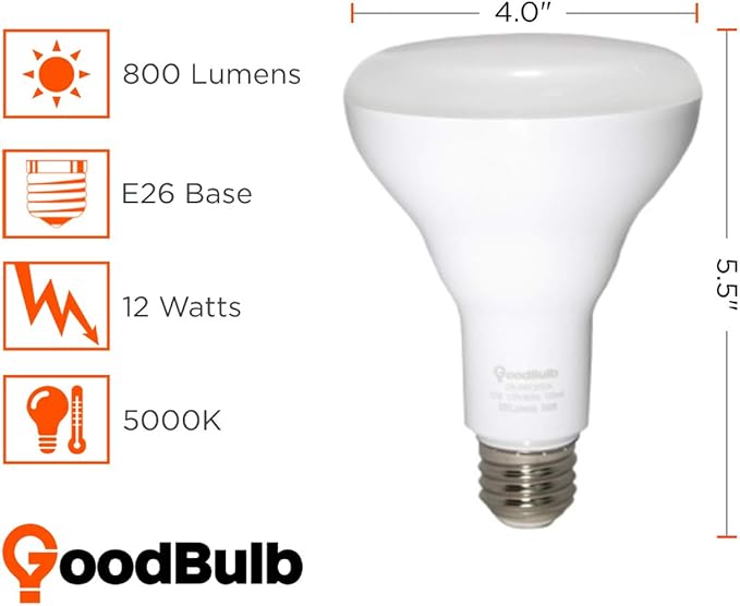 GoodBulb 12W LED BR30 Freezer Light Bulb | 60W Equivalent Flood Light | 5000K Daylight White | E26 Base | Energy Efficient Non-Dimmable LED Bulb (12-Pack)