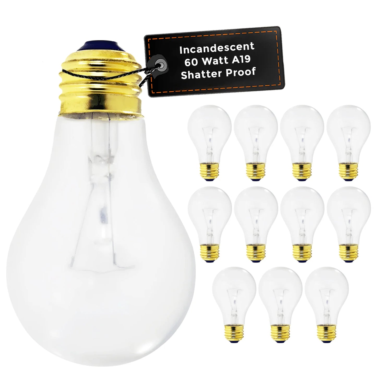 GoodBulb 60W A19 Incandescent Light Bulb | Clear Silicone Shatter Guard | E26 Brass Base | 600 Lumens | 120V | 5000 Hour Life | Dimmable Warm White (12-Pack)