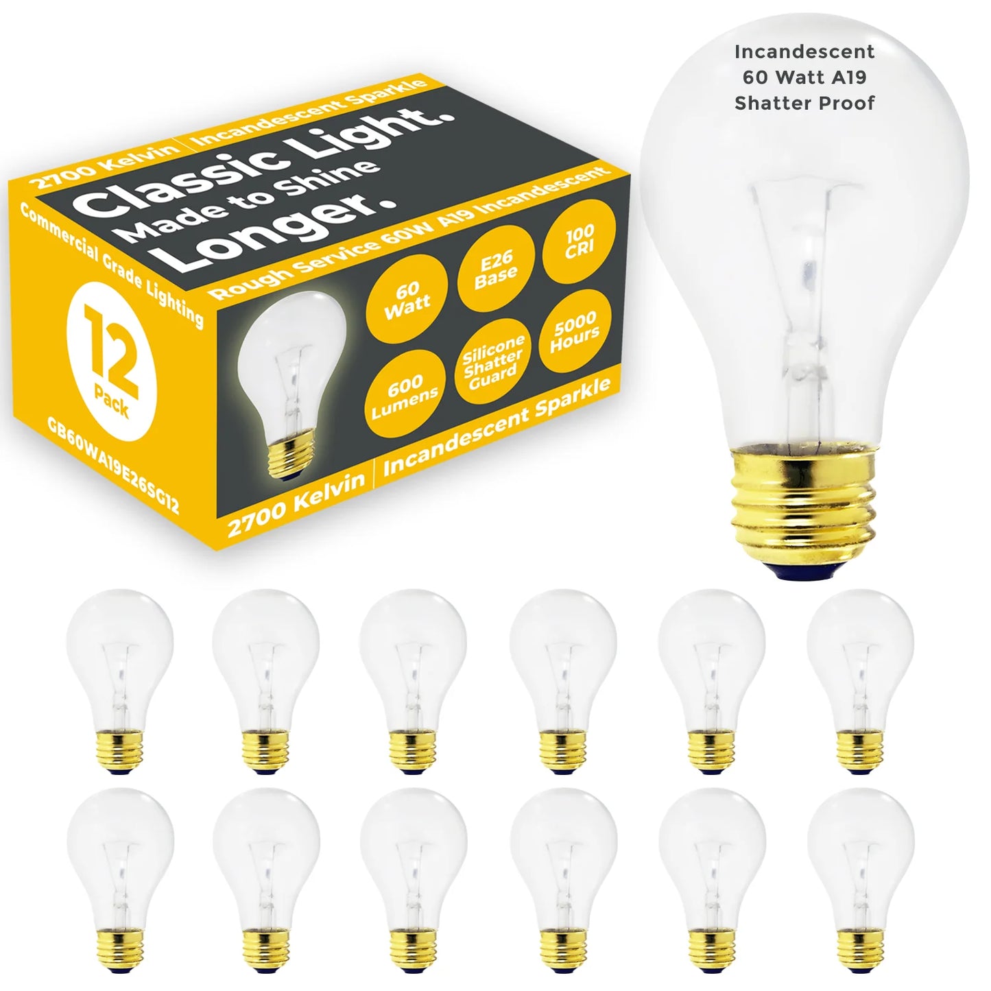 GoodBulb 60W A19 Incandescent Light Bulb | Clear Silicone Shatter Guard | E26 Brass Base | 600 Lumens | 120V | 5000 Hour Life | Dimmable Warm White (12-Pack)