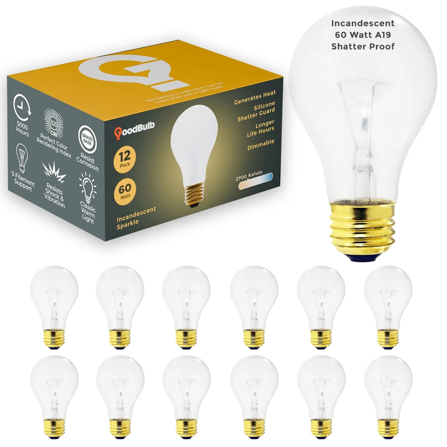 GoodBulb 60W A19 Incandescent Light Bulb | Clear Silicone Shatter Guard | E26 Brass Base | 600 Lumens | 120V | 5000 Hour Life | Dimmable Warm White (12-Pack)