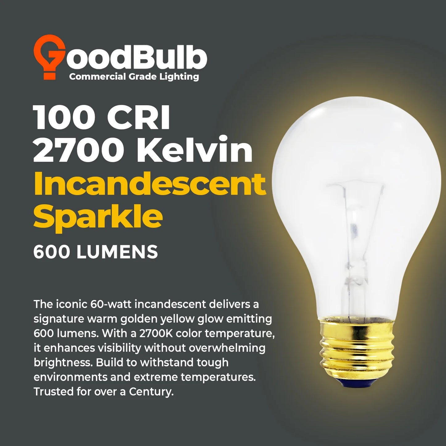 GoodBulb 60W A19 Incandescent Light Bulb | Clear Silicone Shatter Guard | E26 Brass Base | 600 Lumens | 120V | 5000 Hour Life | Dimmable Warm White (12-Pack)