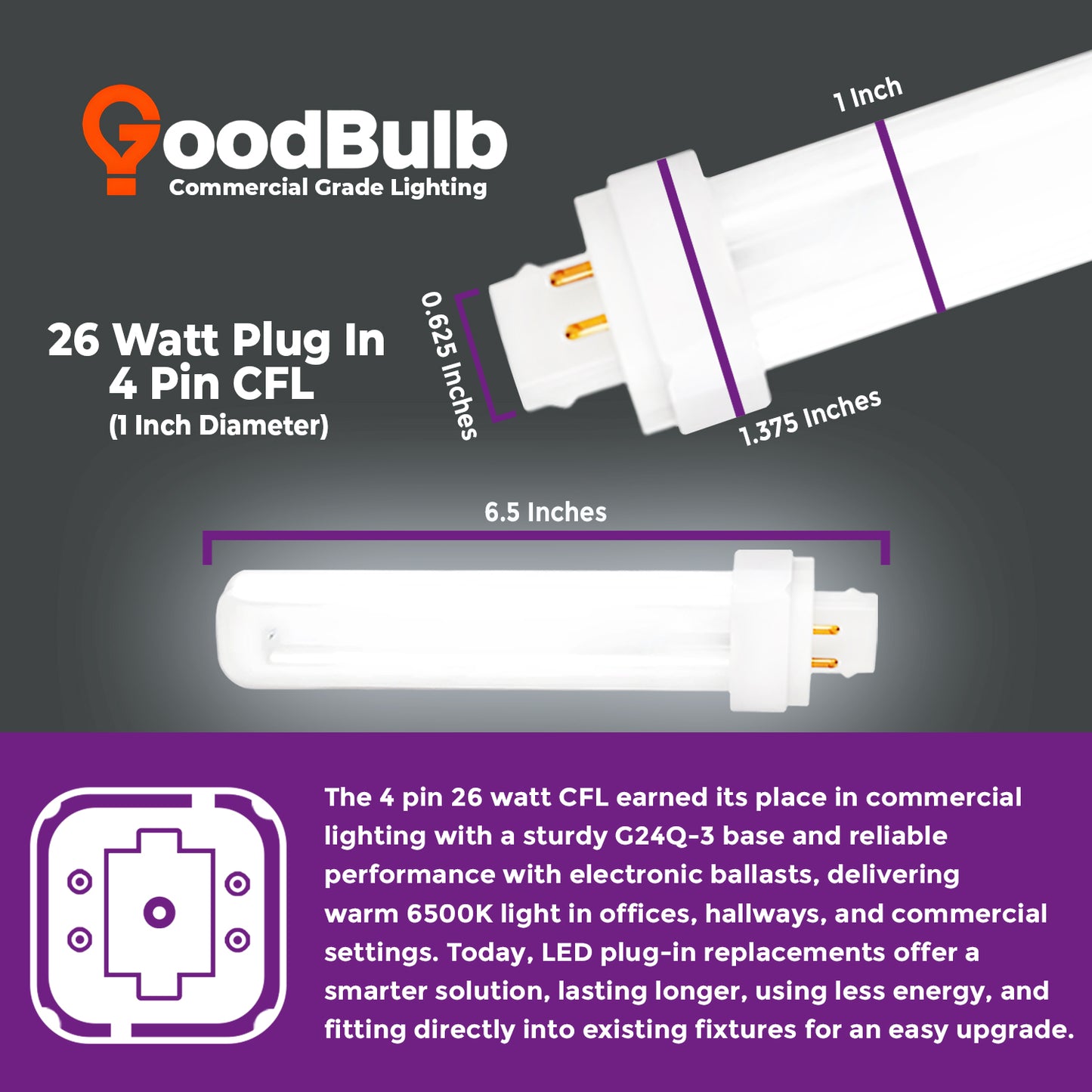 CF26W/865/4P/ECO compact fluorescent bulb dimensions – 26 watt 4-pin plug-in lamp size guide