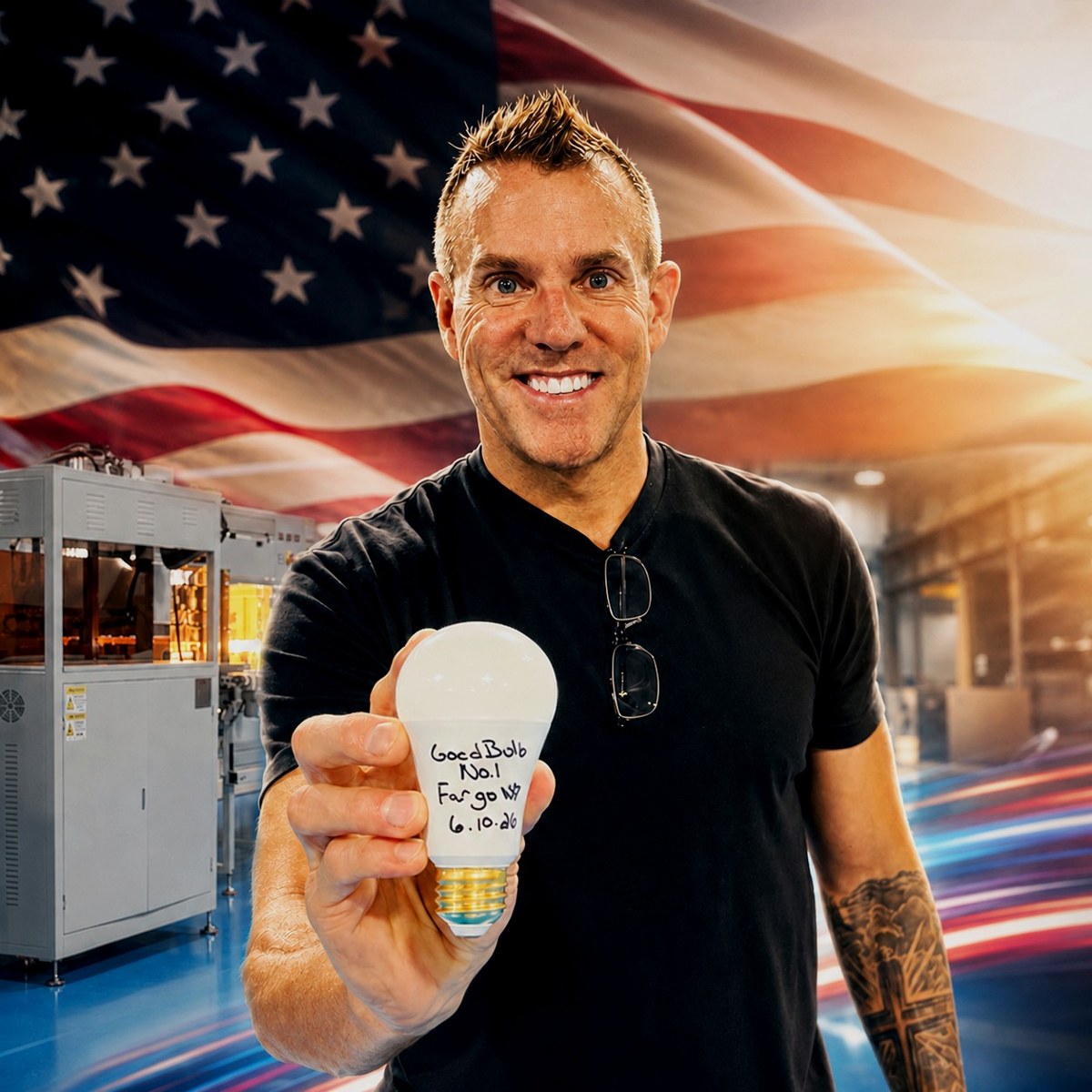 Founder Tom Enright holding the first American-made GoodBulb