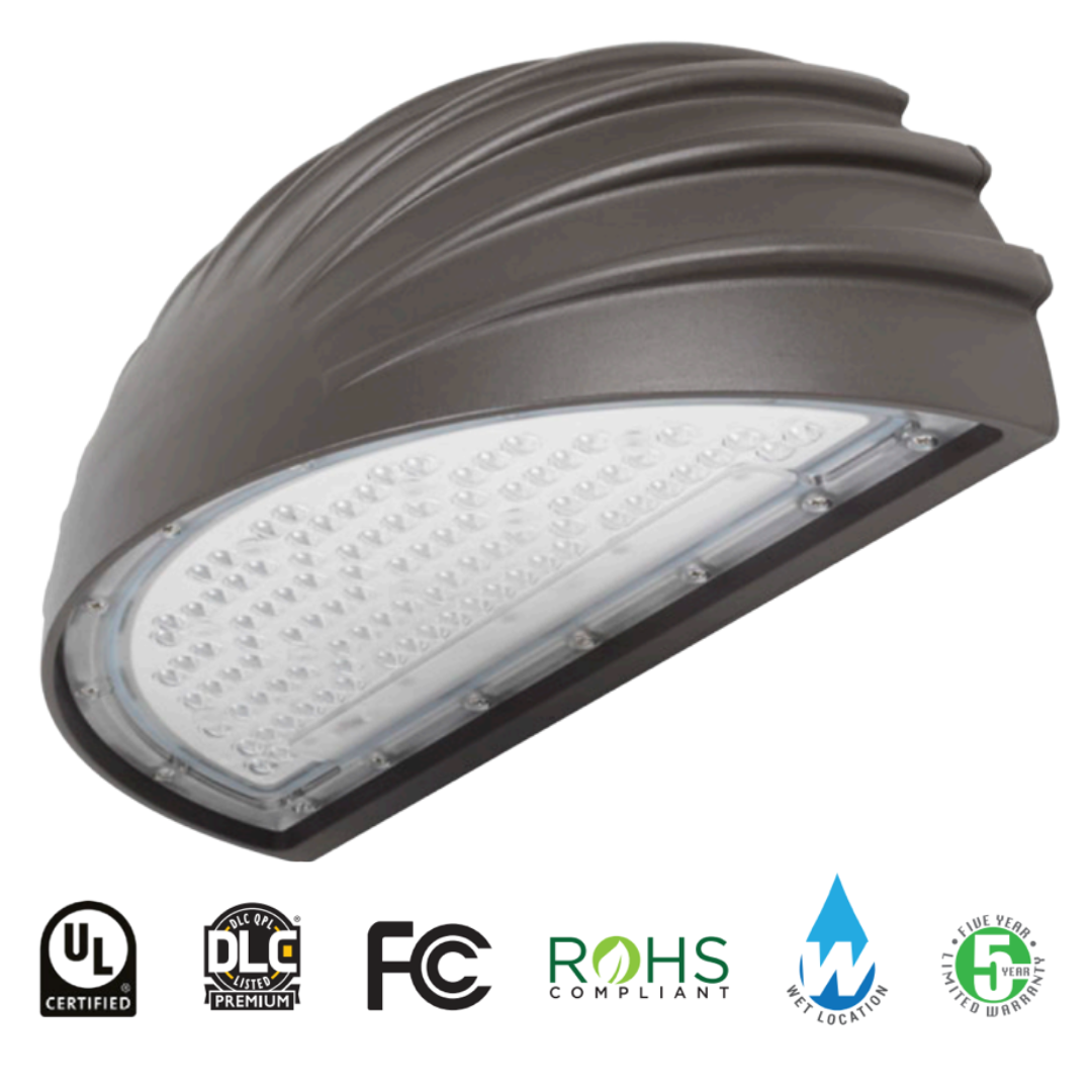 45 watt half moon LED wall pack with a cool white light emitting at 6300 lumens.