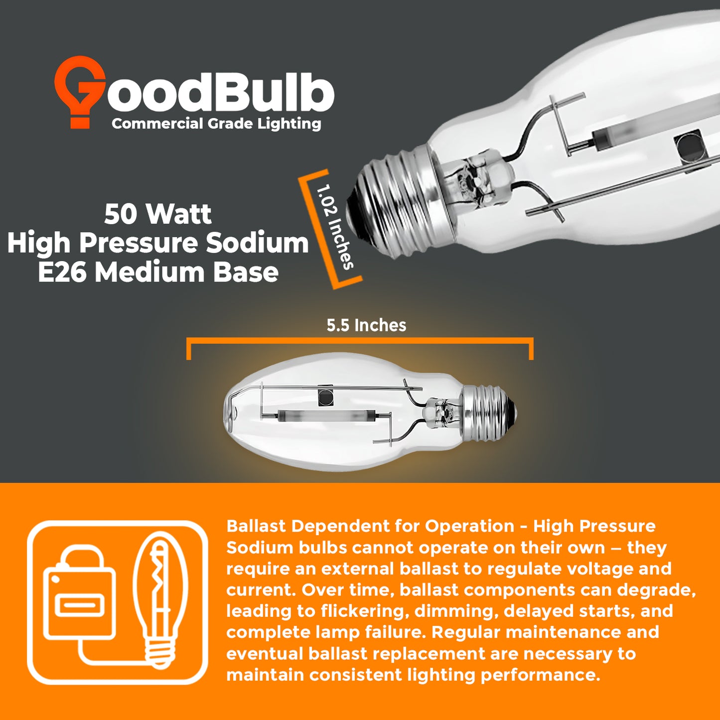 50-Watt High Pressure Sodium HID Light Bulb - E26 Medium Base - Clear - 2000K Warm Yellow Light - 3000 Lumens - 24,000 Hours