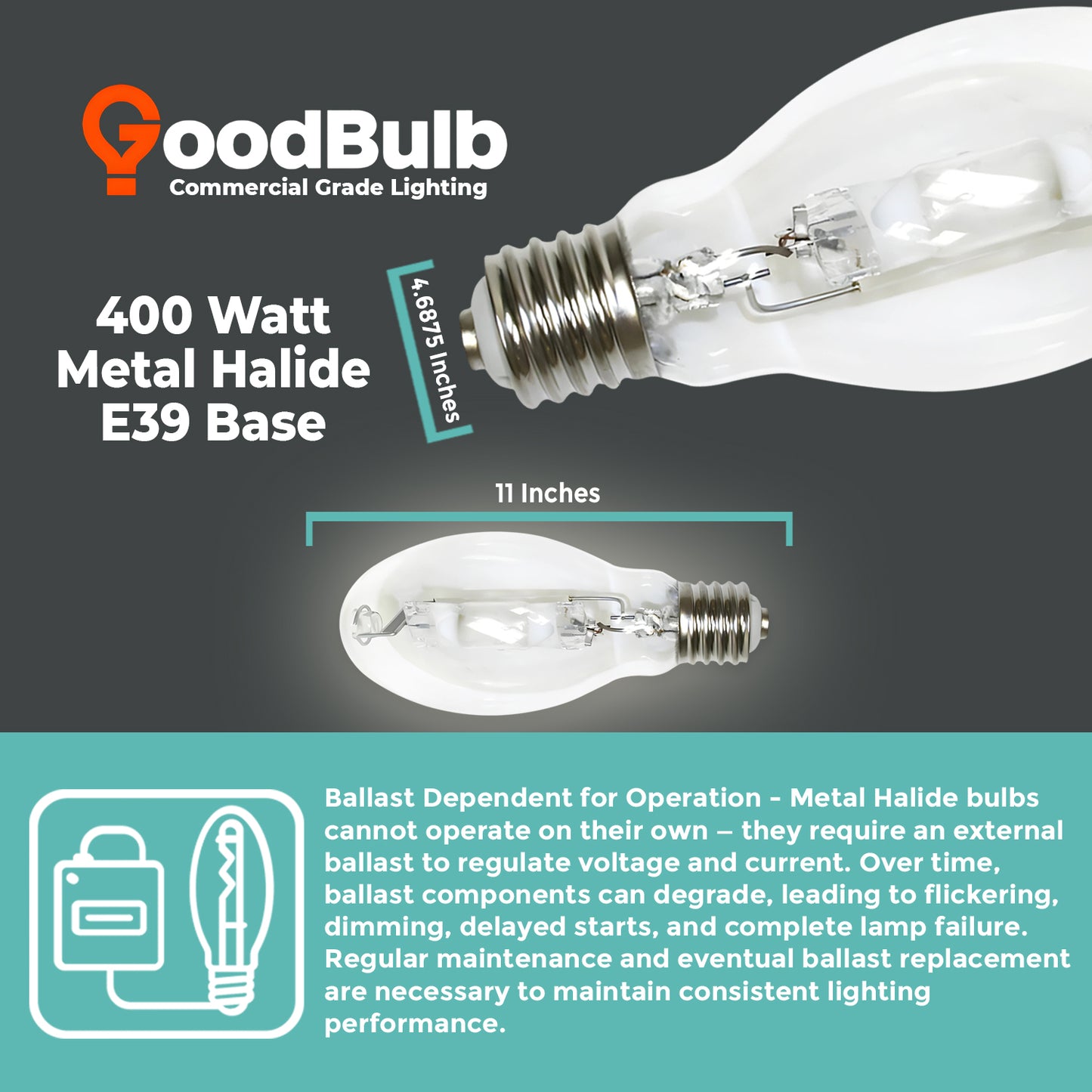 400 Watt Metal Halide HID Light Bulb - E39 Mogul Base - Clear - 4000K Cool White - 33,000 Lumens - 15,000 Hours
