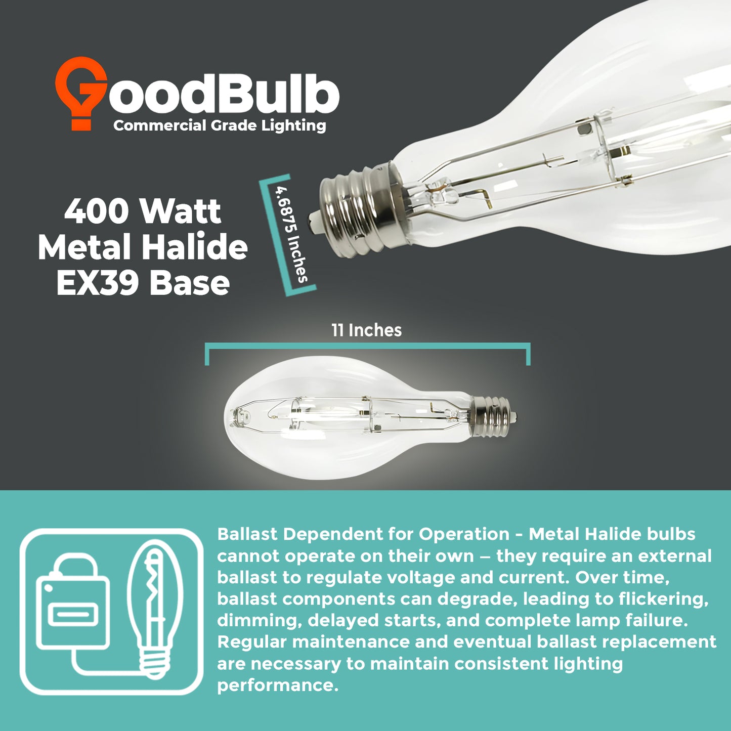 400 Watt Metal Halide HID Light Bulb - EX39 Extended-Mogul Base - Clear - 4000K Cool White - 33,000 Lumens - 15,000 Hours