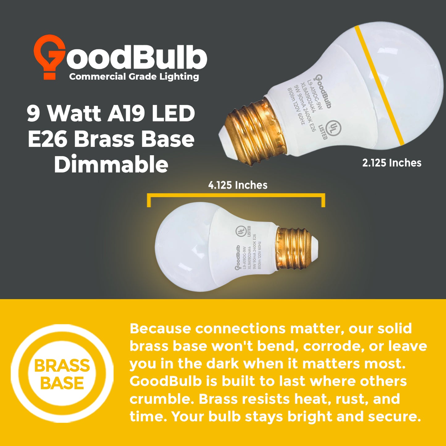 60 WATT UPGRADE – 9 WATT DIMMABLE LED A19 – 90+ HIGH CRI - SERENE SOFT WARM LIGHT – 810 LUMENS – 2400 KELVIN – ROUGH SERVICE - 25,000 HOURS & 5 YEAR WARRANTY