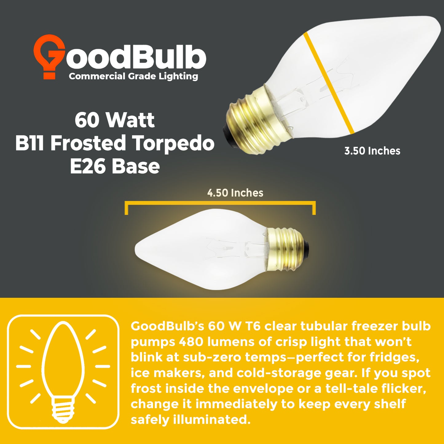 Incandescent Chandelier Light Bulb - 60 Watts 480 Lumens - Clear Torpedo Shape - 5000 Life Hours - 120 Volts - E26 Brass Base - Silicone Shatter Guard Finish