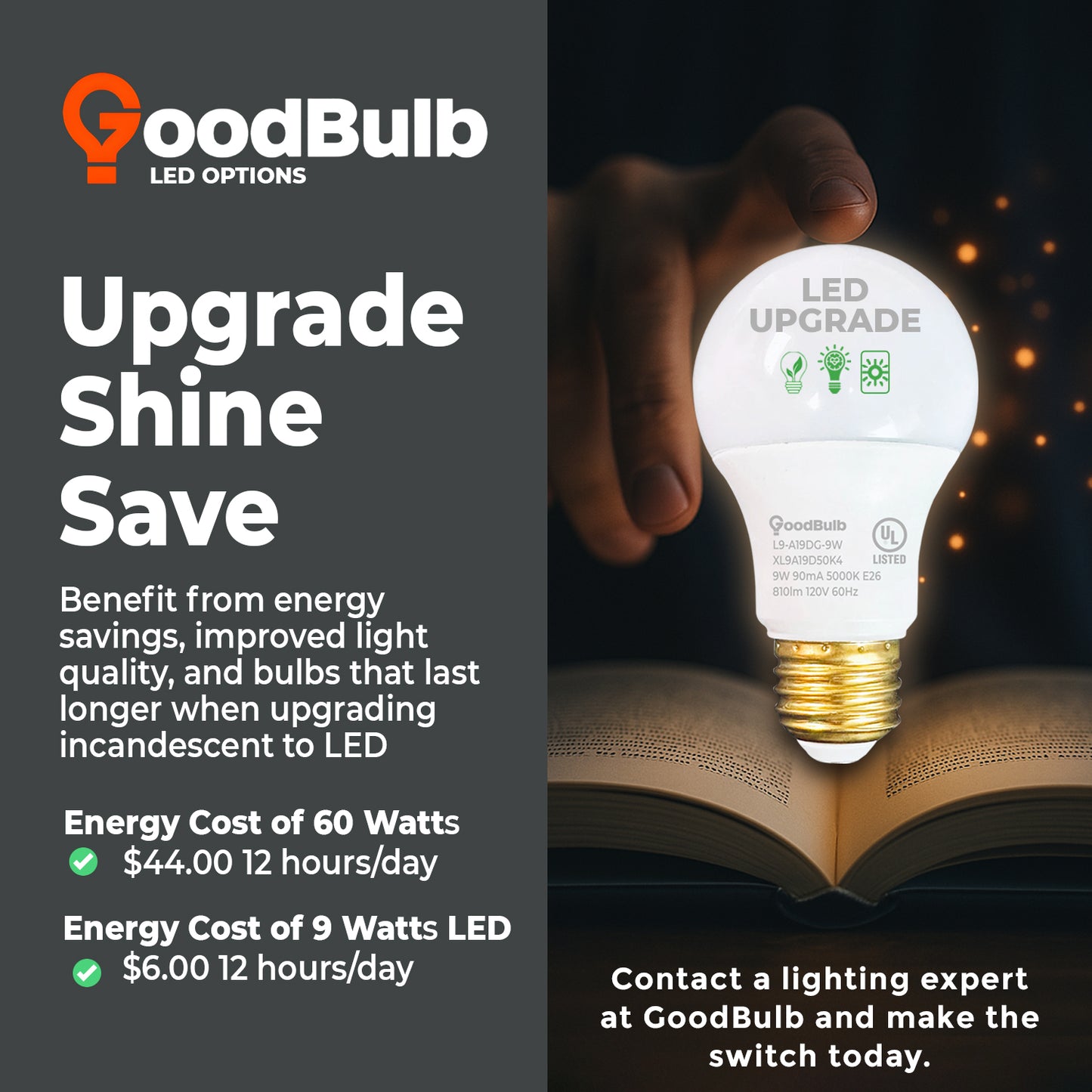60 WATT UPGRADE – 9 WATT DIMMABLE LED A19 – 90+ HIGH CRI – PLATINUM PURE WHITE LIGHT – 810 LUMENS – 5000 KELVIN – ROUGH SERVICE - 25,000 HOURS & 5 YEAR WARRANTY