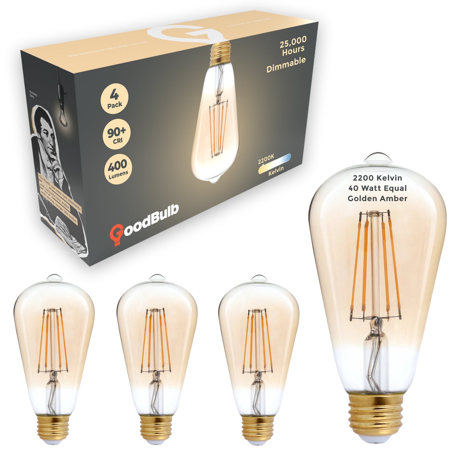 40 WATT EQUAL – 5 WATT CLEAR AMBER FINSIH EDISON LED – 90+ HIGH CRI – GOLDEN SUNSET WARM LIGHT – 400 LUMENS – 2200 KELVIN – THICK FILAMENT - 5 YEAR WARRANTY