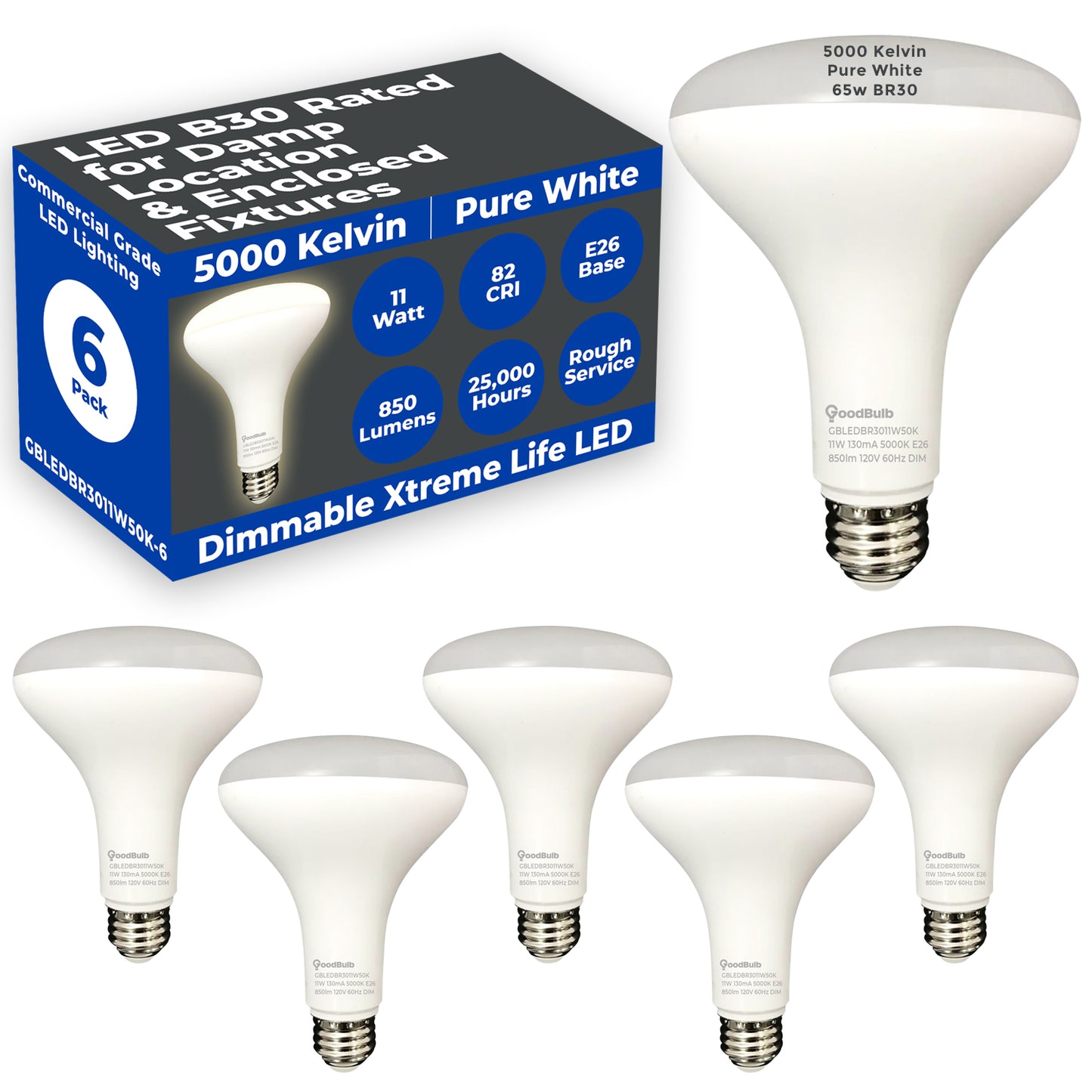 65w BR30 UPGRADE - 11 WATT DIMMABLE LED Reflector - 82 CRI - PLATINUM PURE WHITE - 850 LUMENS - 5000 KELVIN - ROUGH SERVICE - 25,000 HOURS & 5 YEAR