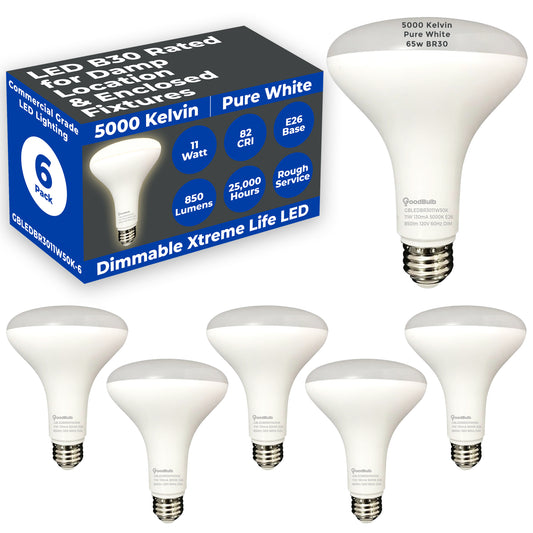 65w BR30 UPGRADE - 11 WATT DIMMABLE LED Reflector - 82 CRI - PLATINUM PURE WHITE - 850 LUMENS - 5000 KELVIN - ROUGH SERVICE - 25,000 HOURS & 5 YEAR