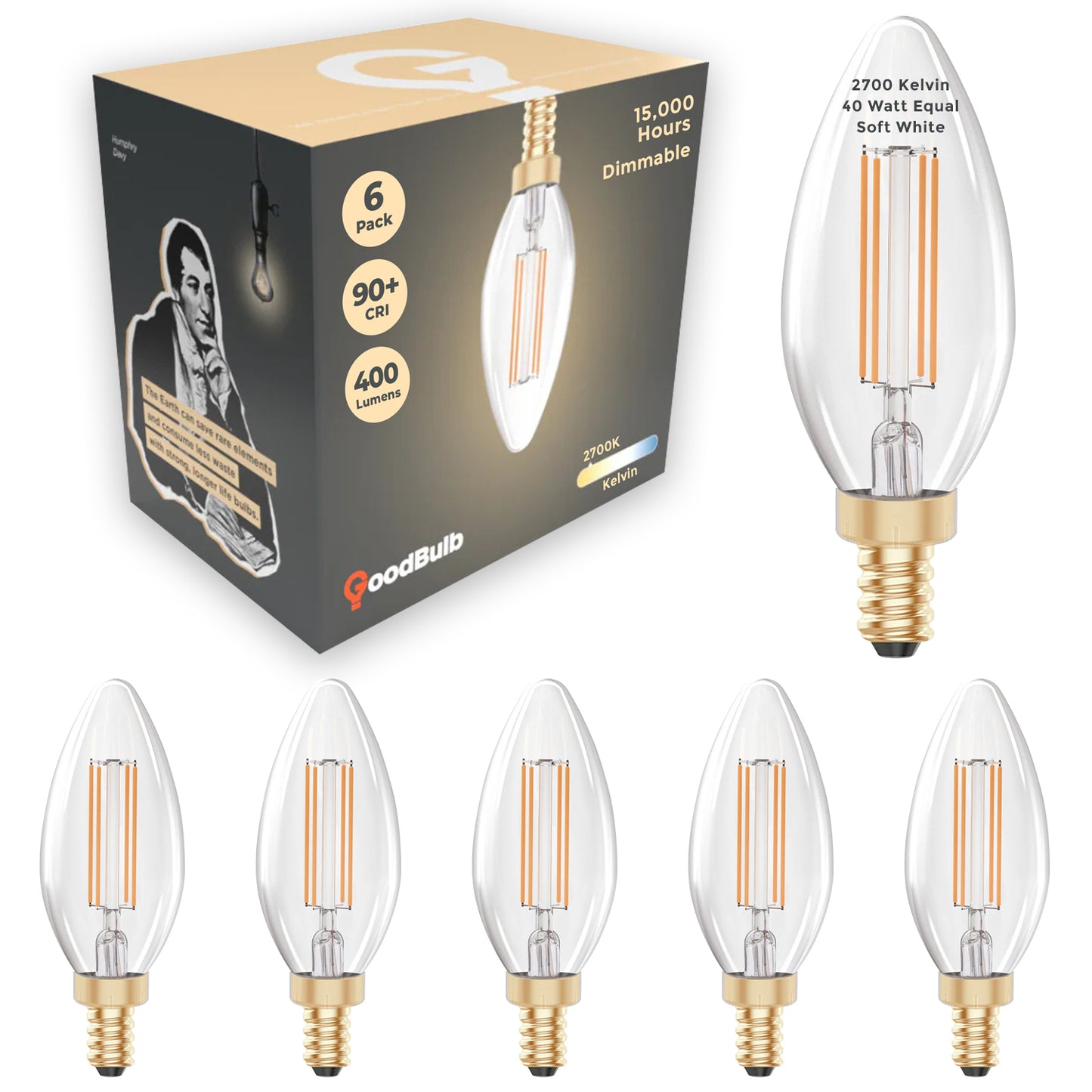 40 WATT EQUAL – 5 WATT CRYSTAL CLEAR E12 CHANDELIER LED – 90+ HIGH CRI – WARM INCANDESCENT SPARKLE – 400 LUMENS – 2700 KELVIN – THICK FILAMENT - 3 YEAR WARRANTY
