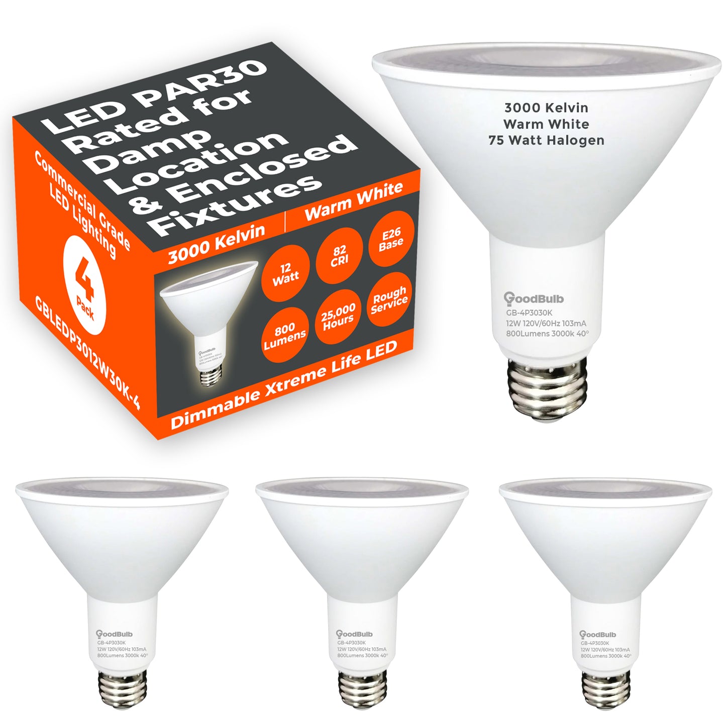 75w HALOGEN UPGRADE - 12 WATT DIMMABLE LED PAR30 LN - 82 CRI - SUNRISE WARM WHITE - 800 LUMENS - 3000 KELVIN - ROUGH SERVICE - 25,000 HOURS & 3 YEAR