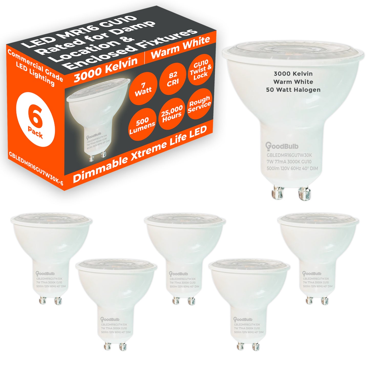 50w HALOGEN EQUIVALENT - 7 WATT DIMMABLE LED REFLECTOR - 82 CRI - SUNRISE WARM WHITE - 500 LUMENS - 3000 KELVIN - ROUGH SERVICE - 25,000 HOURS & 5 YEAR
