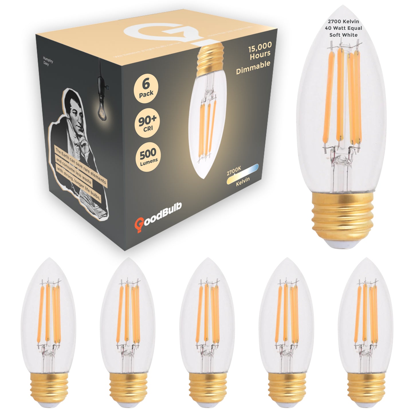 40 WATT EQUAL – 5 WATT CRYSTAL CLEAR E26 CHANDELIER LED – 90+ HIGH CRI – WARM INCANDESCENT SPARKLE – 500 LUMENS – 2700 KELVIN – THICK FILAMENT - 3 YEAR WARRANTY