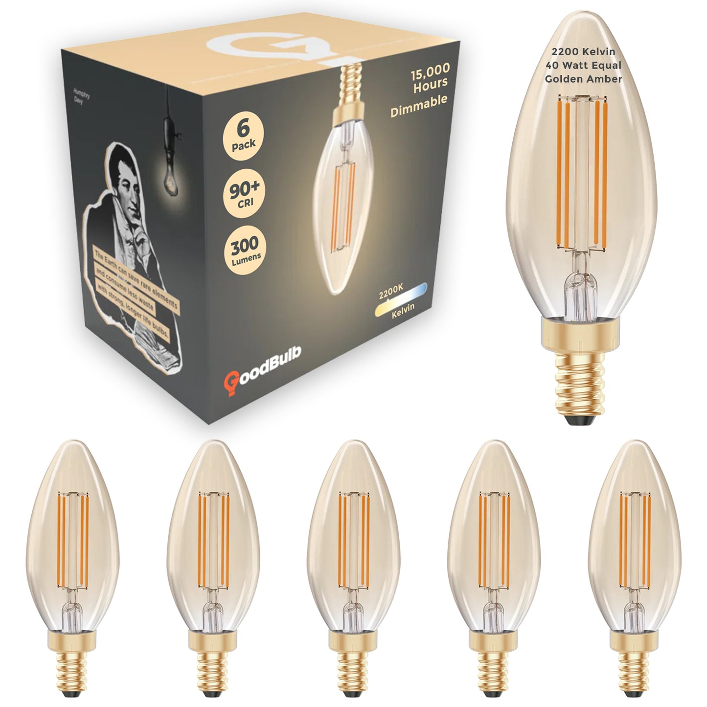 40 WATT EQUAL – 5 WATT CLEAR GOLDEN FINISH E12 CHANDELIER LED – 90+ HIGH CRI – SERENE SUNSET WARM LIGHT – 300 LUMENS – 2200 KELVIN – THICK FILAMENT - 3 YEAR WARRANTY