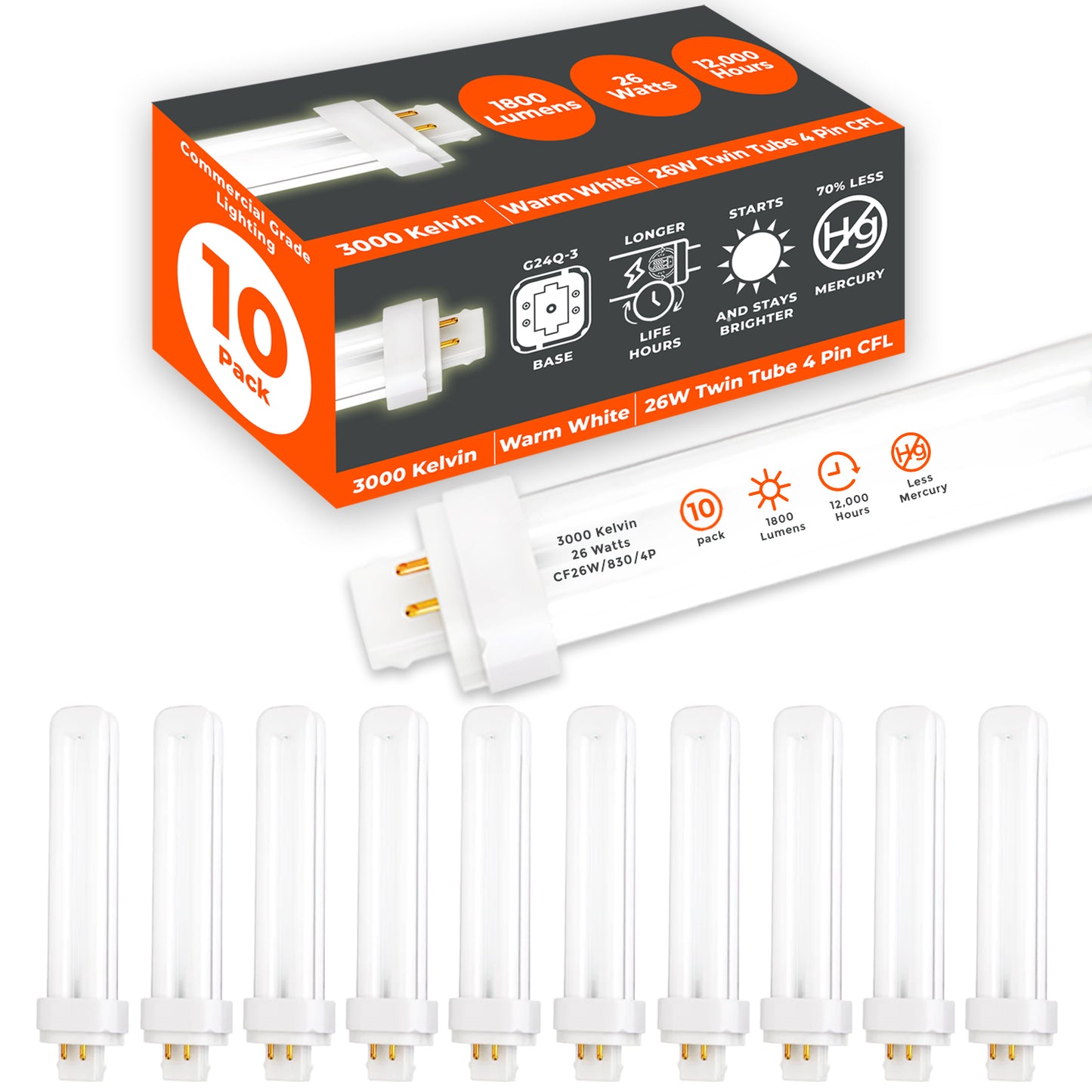 26 Watt CFL Light Bulbs - 3000K Warm White - 4 Pin G24Q-3 - 26W 1800 Lumens - Double Tube Compact Fluorescent Light Bulbs Plug-in