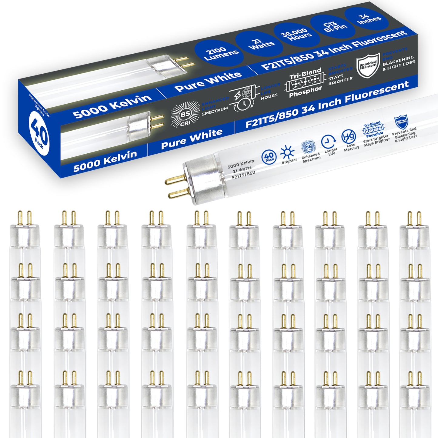 F21T5/850 - 21 Watt 34 Inch T5 Fluorescent Light Bulb - 5000K Warm White - 2100 Lumens - 36,000 Hours