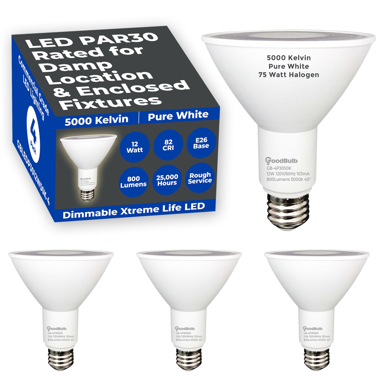 75w HALOGEN UPGRADE - 12 WATT DIMMABLE LED PAR30 LN - 82 CRI - PLATINUM PURE WHITE - 800 LUMENS - 5000 KELVIN - ROUGH SERVICE - 25,000 HOURS & 3 YEAR