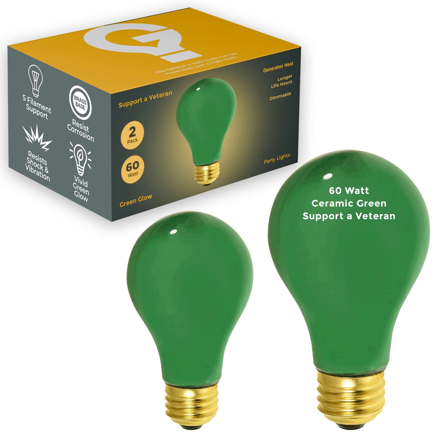60 Watts - A19 Ceramic Green Incandescent - Party Light Bulb - 2000 Life Hours - 120 Volts - E26 Brass Base