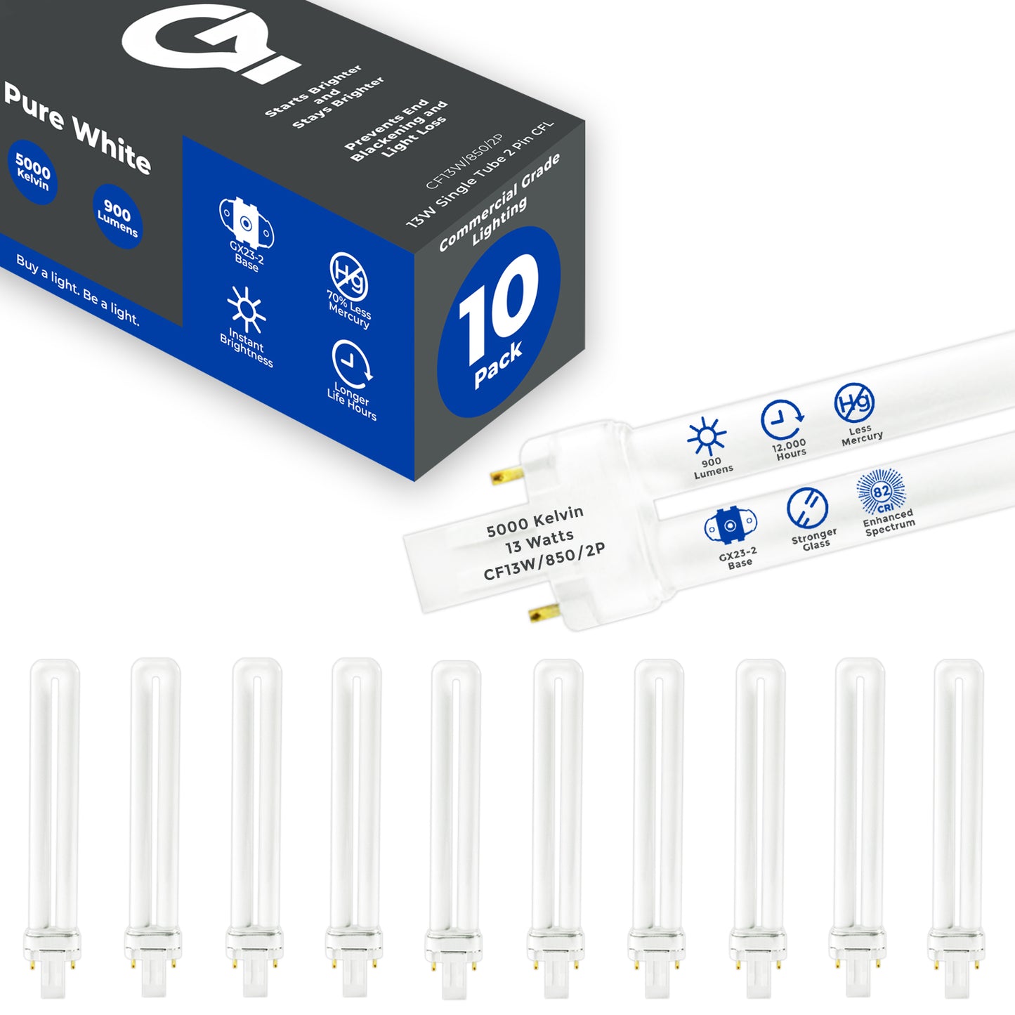 13 Watt CFL Light Bulbs - 2 Pin GX23 Base - 5000K Pure White - 13W 900 Lumens - Single Tube Compact Fluorescent Light Bulbs Plug-in