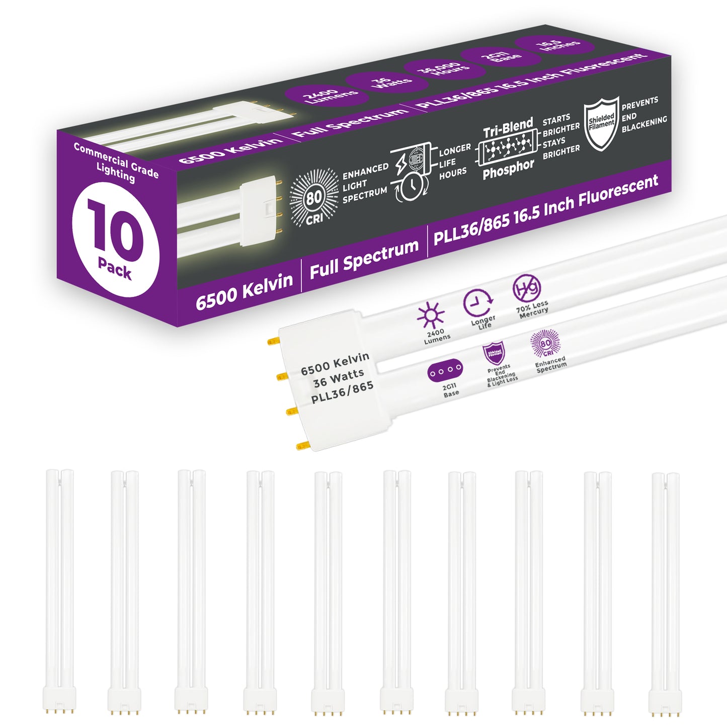 PLL36/865 - 36 Watt - 16.5 Inch Twin Tube CFL - 4-pin 2G11 Base - 6500K Full Spectrum 2400 Lumen - 36,000 Life Hours