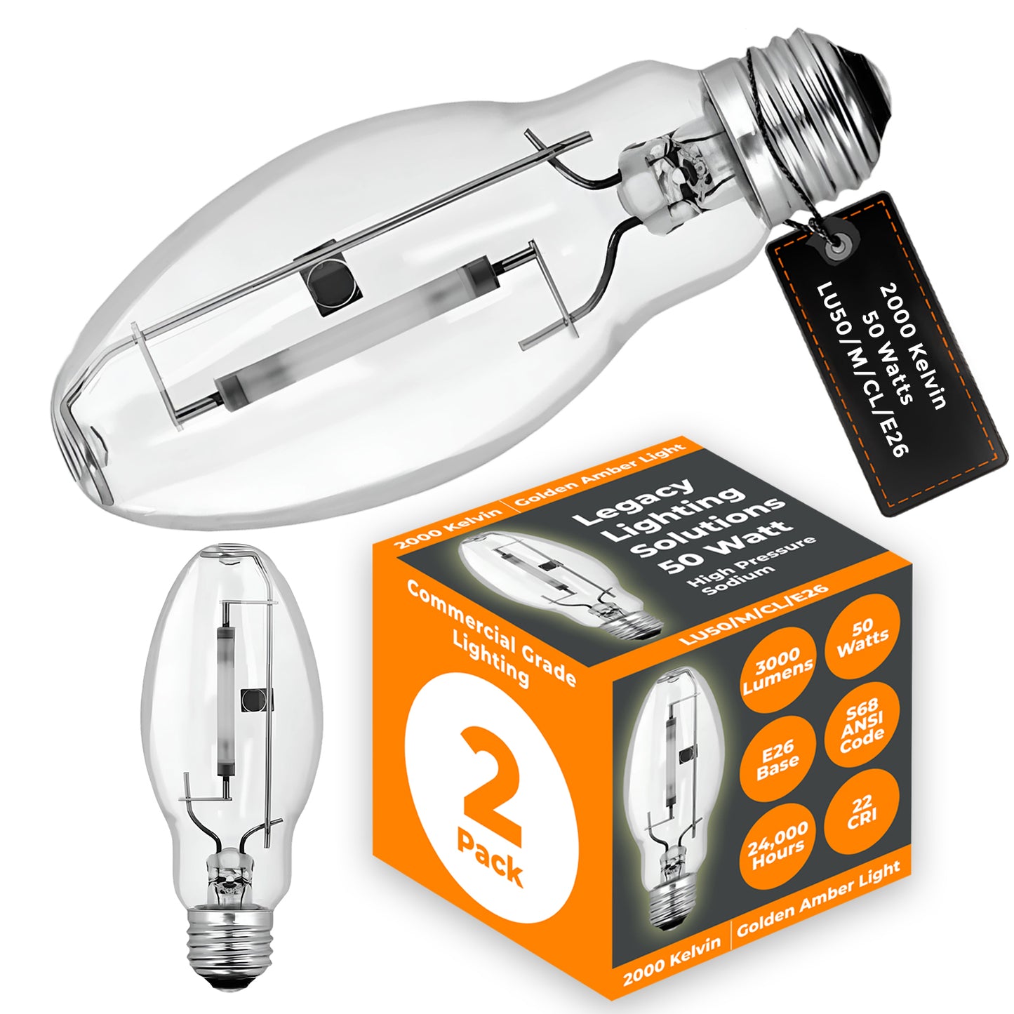 50-Watt High Pressure Sodium HID Light Bulb - E26 Medium Base - Clear - 2000K Warm Yellow Light - 3000 Lumens - 24,000 Hours