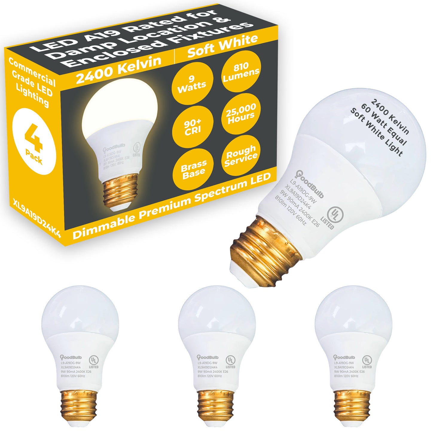 60 WATT UPGRADE – 9 WATT DIMMABLE LED A19 – 90+ HIGH CRI - SERENE SOFT WARM LIGHT – 810 LUMENS – 2400 KELVIN – ROUGH SERVICE - 25,000 HOURS & 5 YEAR WARRANTY