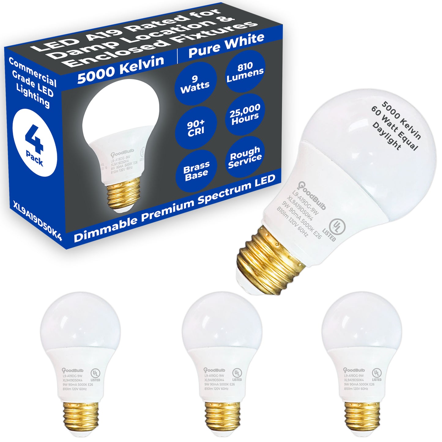 60 WATT UPGRADE – 9 WATT DIMMABLE LED A19 – 90+ HIGH CRI – PLATINUM PURE WHITE LIGHT – 810 LUMENS – 5000 KELVIN – ROUGH SERVICE - 25,000 HOURS & 5 YEAR WARRANTY