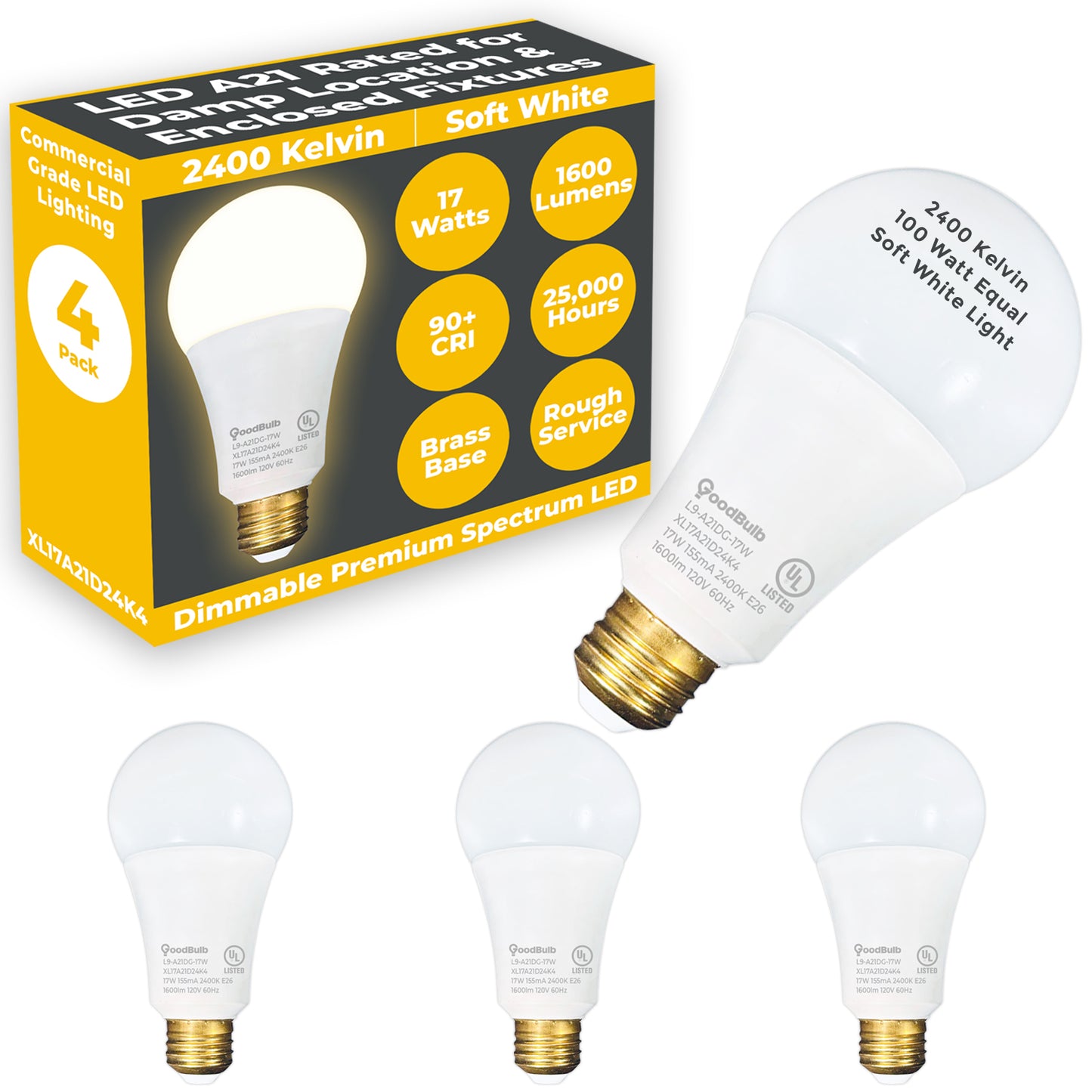 100 WATT UPGRADE – 17 WATT DIMMABLE LED A21 – 90+ HIGH CRI – SERENE SOFT WARM LIGHT – 1600 LUMENS – 2400 KELVIN – ROUGH SERVICE - 25,000 HOURS & 5 YEAR WARRANTY