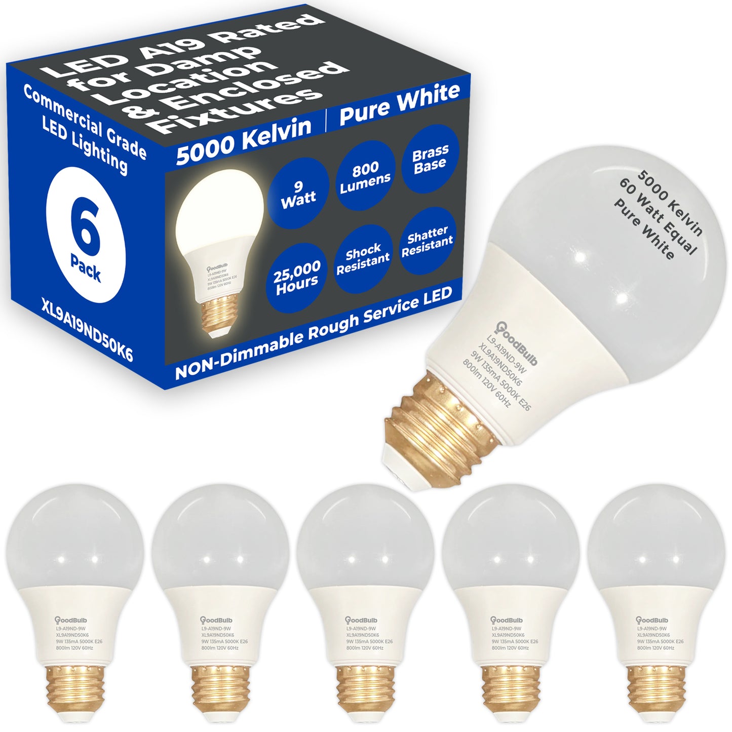 60 WATT REPLACEMENT – 9 WATT ROUGH SERVICE LED A19 – PURE WHITE – 800 LUMENS – 5000 KELVIN – NON DIMMABLE - 25,000 HOURS - 5 YEAR WARRANTY