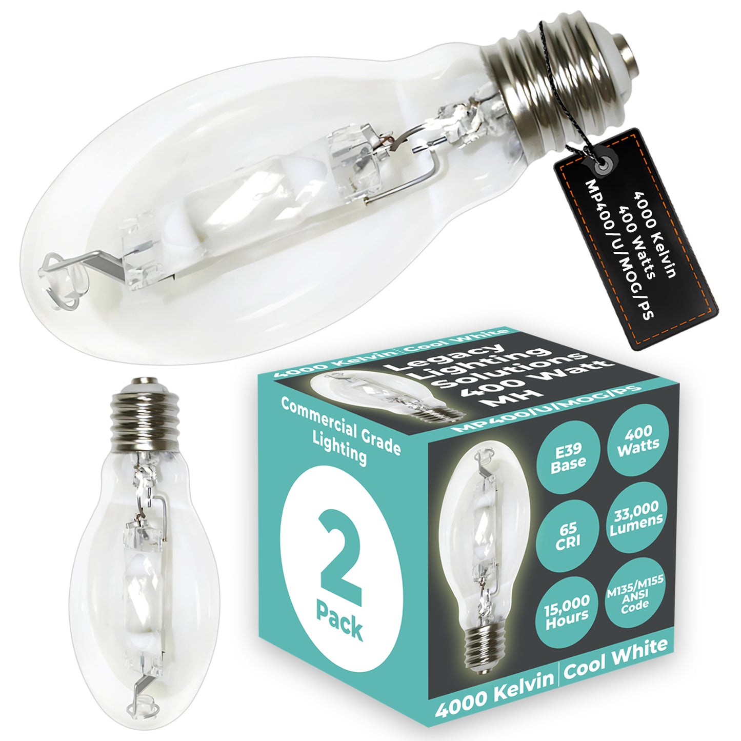 400 Watt Metal Halide HID Light Bulb - E39 Mogul Base - Clear - 4000K Cool White - 33,000 Lumens - 15,000 Hours
