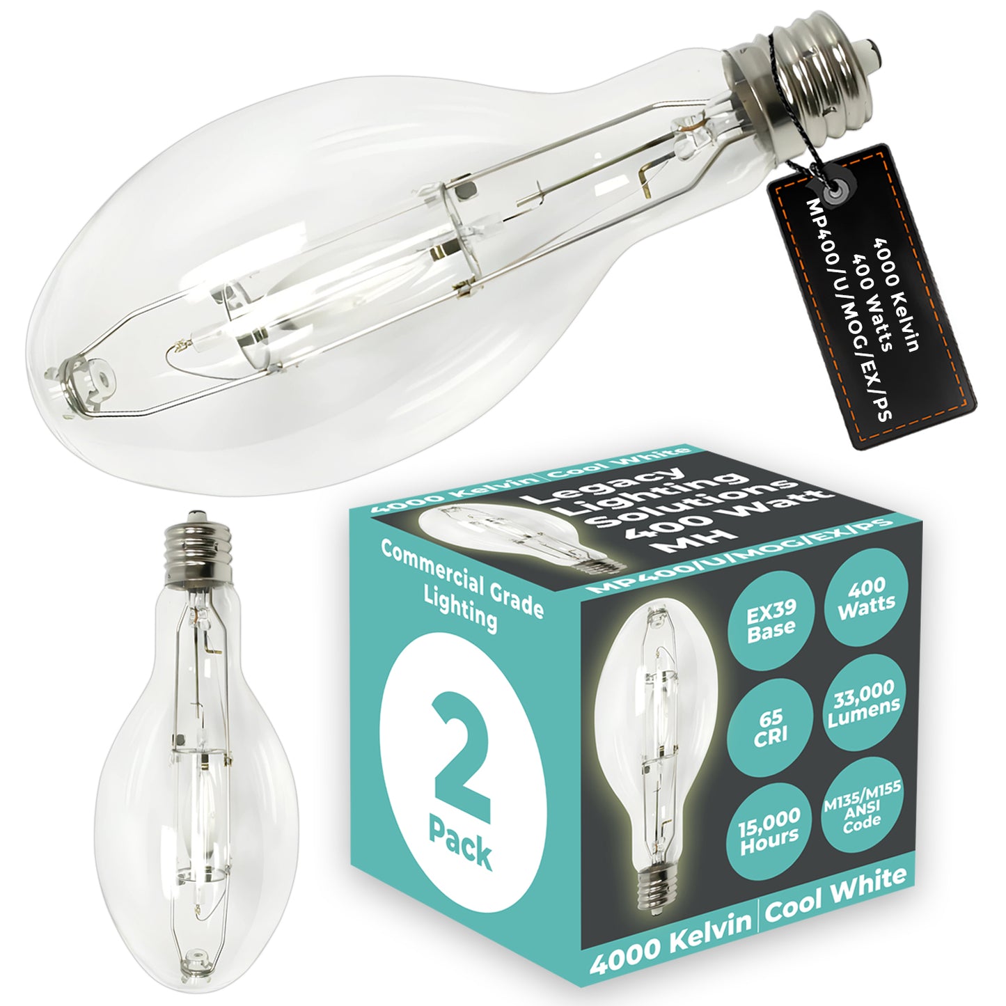 400 Watt Metal Halide HID Light Bulb - EX39 Extended-Mogul Base - Clear - 4000K Cool White - 33,000 Lumens - 15,000 Hours