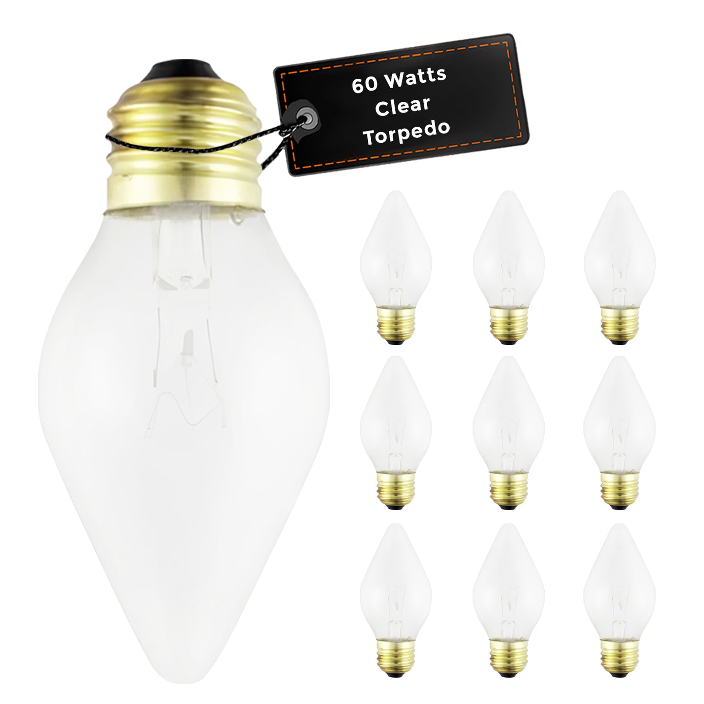 Incandescent Chandelier Light Bulb - 60 Watts 480 Lumens - Clear Torpedo Shape - 5000 Life Hours - 120 Volts - E26 Brass Base - Silicone Shatter Guard Finish